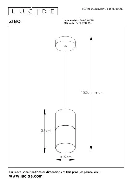 Lucide ZINO - Pendant light - Ø 10 cm - 1xE27 - Smoke Grey - technical